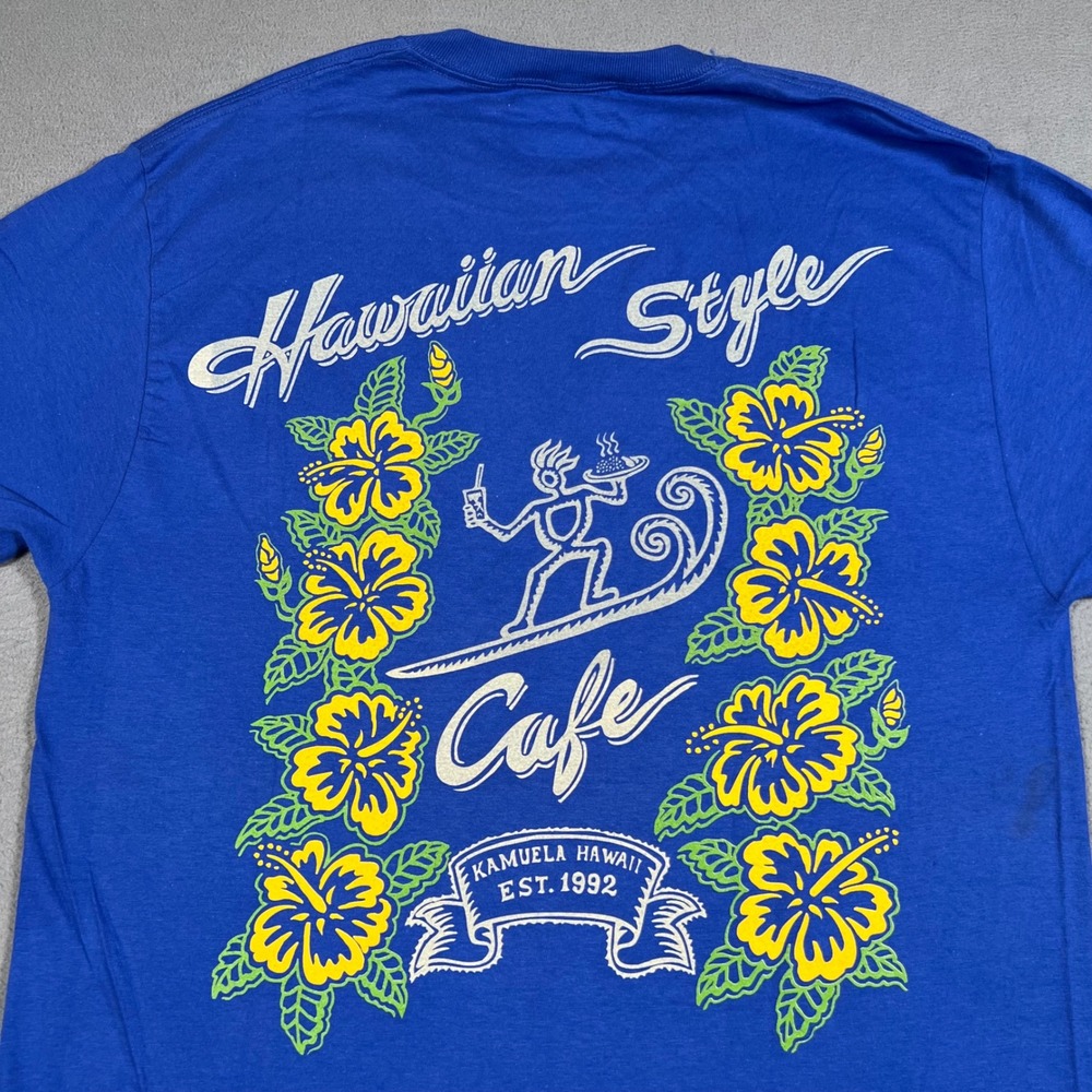 Fat Boys Club Hawaiian Style Cafe Graphic‎ T Shirt Mens M Blue Kamuela Hawaii